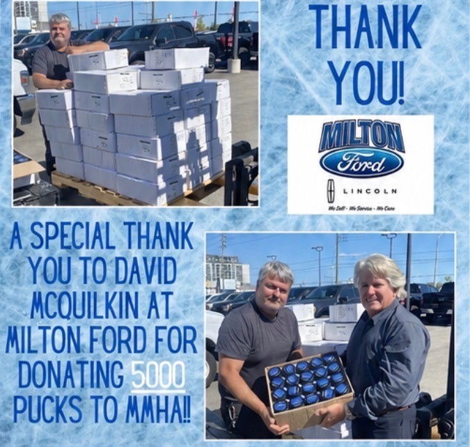 2023 Donation of 5000 Milton Ford hockey pucks to the Milton Minor Hockey Association